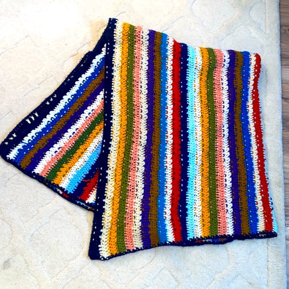 Other - Vintage!  Handmade Crochet Stripe Reversible Blanket 63” by 50”